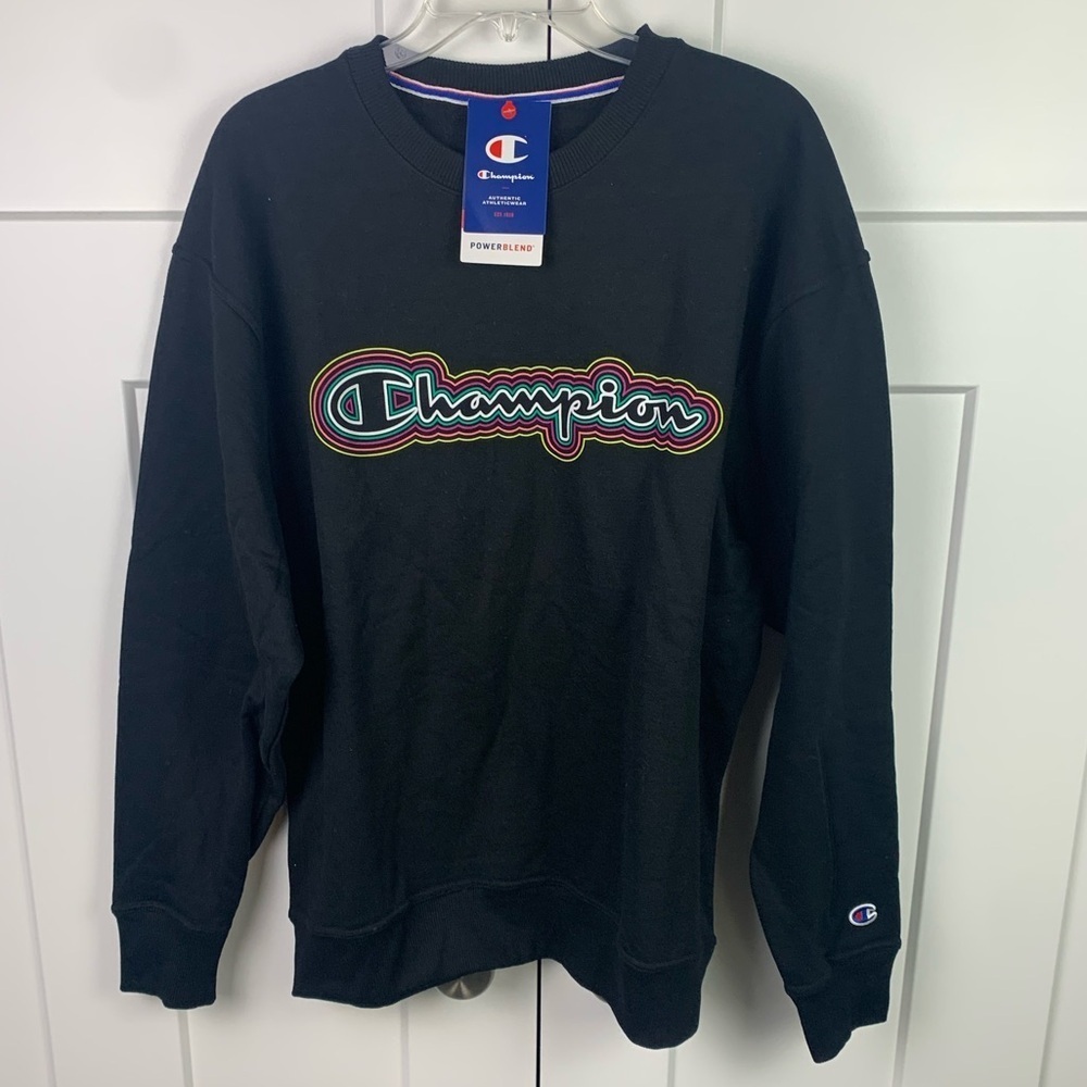 NWT Champion Women’s Crew Sweatshirt Large Black Cursive Logo Spell out